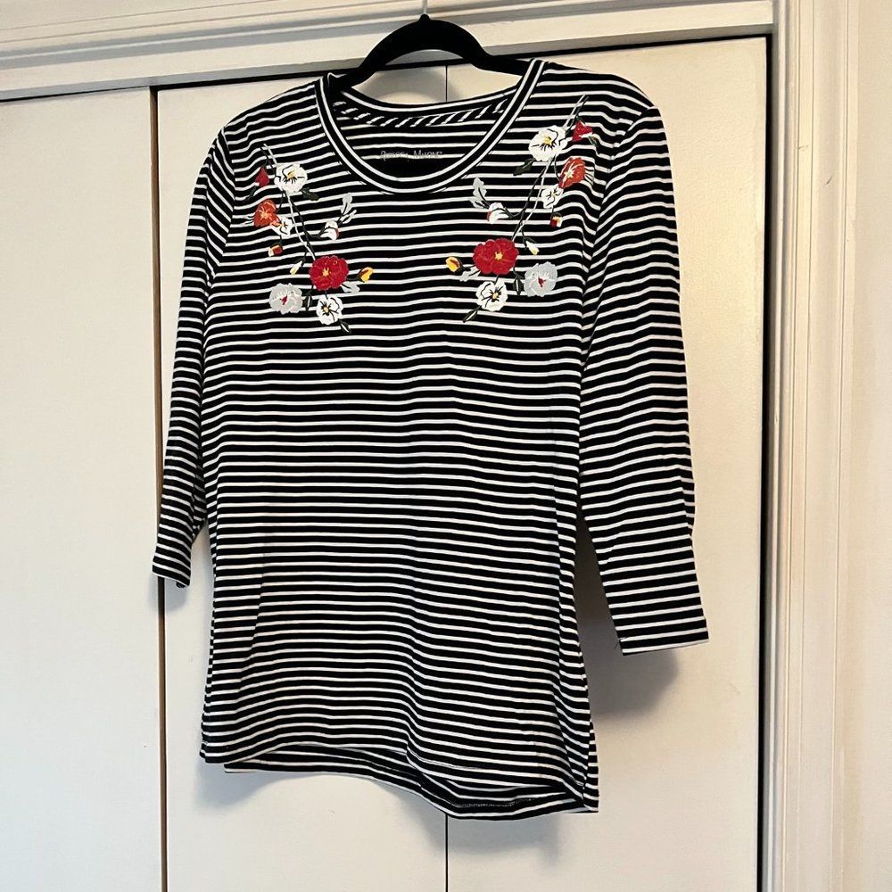 Rebecca Malone Striped Top w/Florals - Black & White - Large